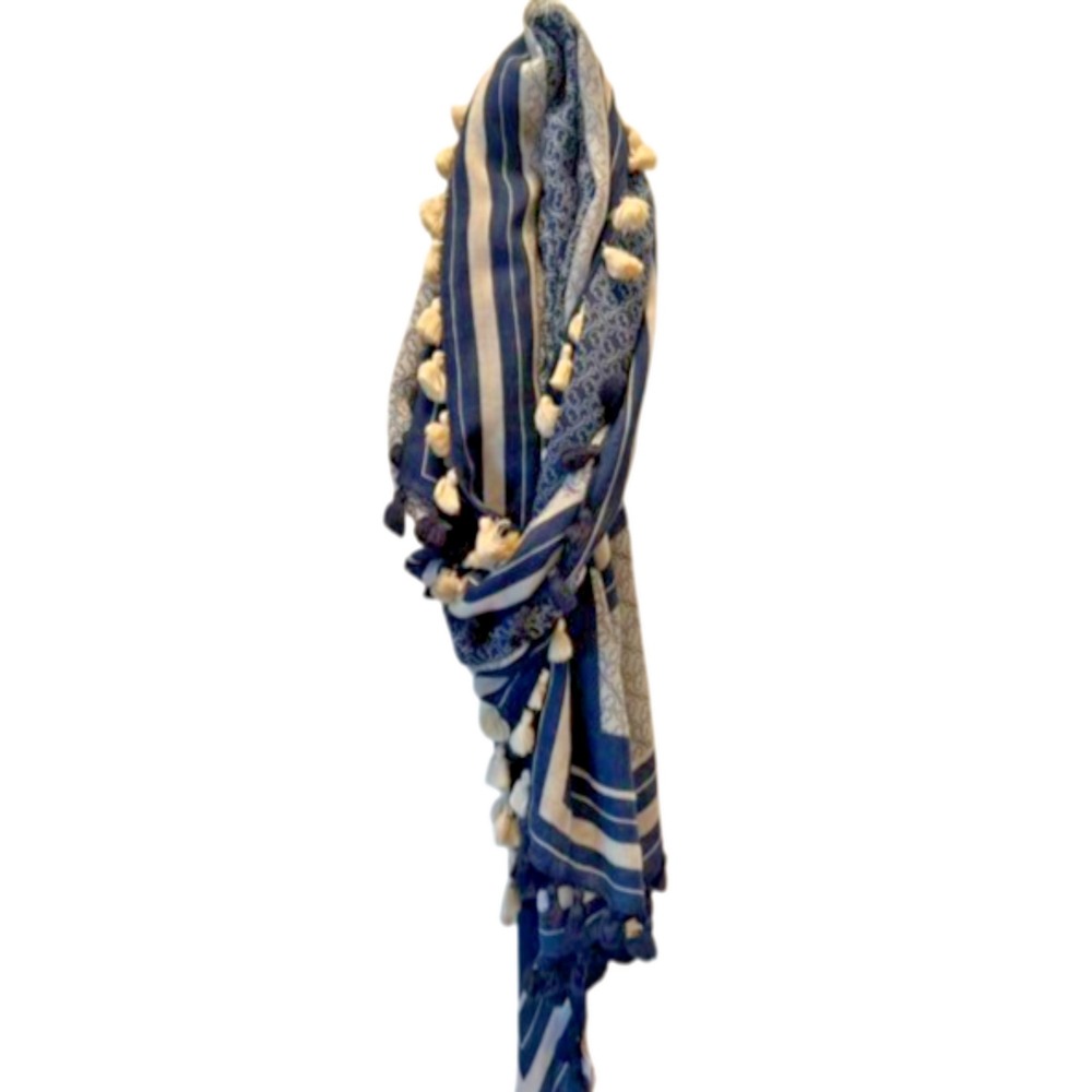 Tory Burch Wool Tassel Scarf Wrap Navy Blue Logo Print Oversized Shawl OS